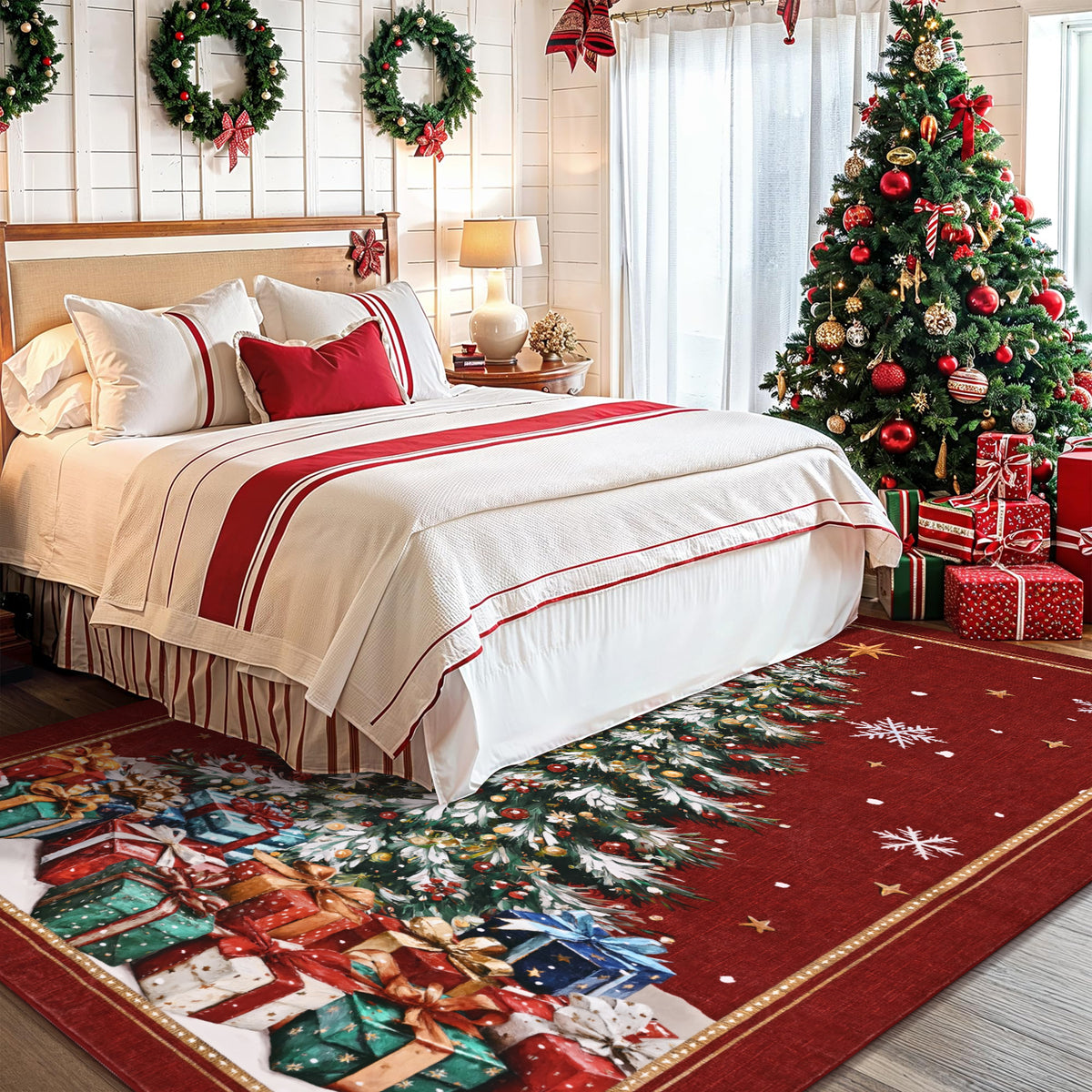 BLEUM CADE Christmas Tree 5'x7' Area Rugs for Living Room, Washable Rugs for Bedroom Dinning Room,Winter Red Rug Ultra Soft Non Slip Durable Large Carpet Christmas Decorations