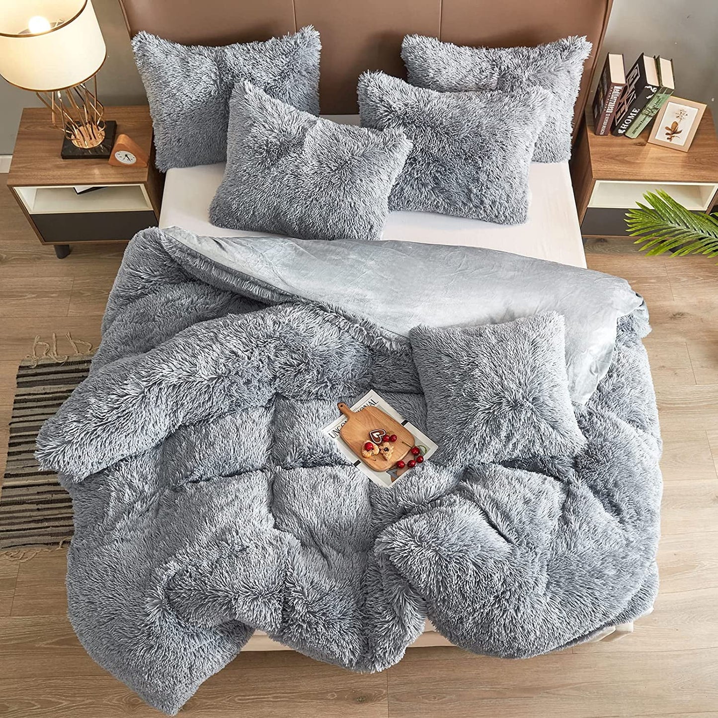 BLEUM CADE Luxury Fluffy Fuzzy Queen Bedding Comforter Set?4 Pieces Shaggy Duvet Cover Set?Furry Plush Velvet Comforter Cover with Zip Closure?Queen?Light Grey