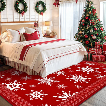 Bleum Cade Christmas Rug for Living Room 8x10 Area Rugs, Snowflake Washable Rugs for Bedroom Dinning Room,Red Soft Low Pile Rug,Non Slip Durable Large Carpet for Christmas Decorations