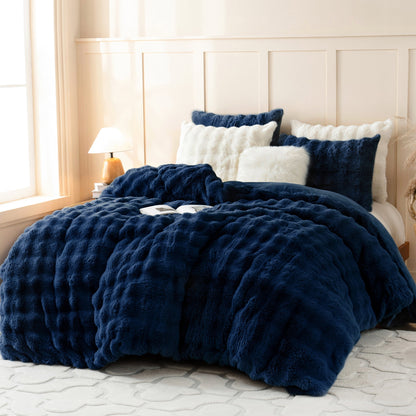 BLEUM CADE 3 Piece Fluffy Comforter Set King Size,Fuzzy Soft Faux Rabbit Fur Bedding Set,Shaggy Plush Duvet Cover Set with 2 Pillowcases,Navy Blue