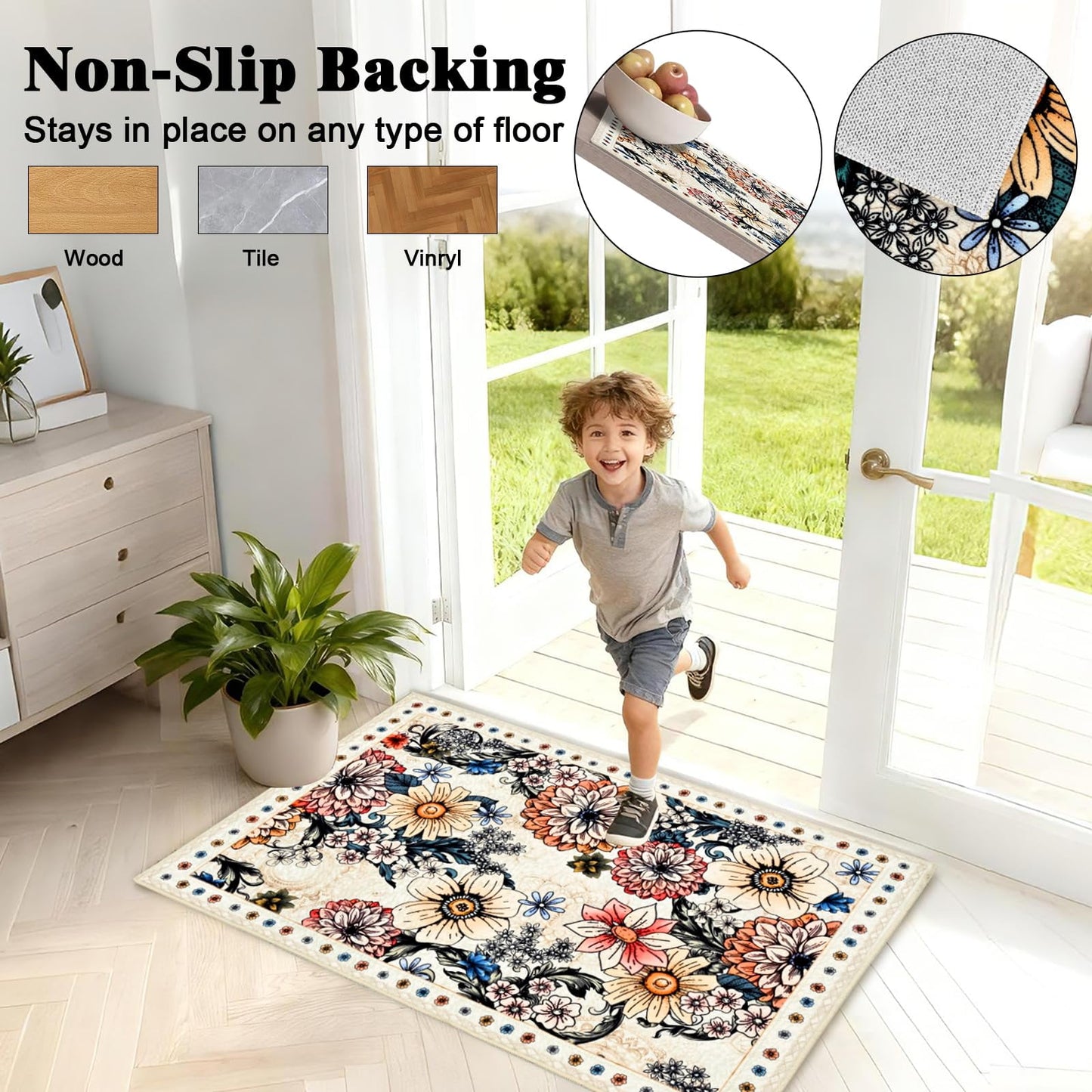Bleum Cade Door Mat Indoor Entrance 2x3,Boho Floral Area Rug, Washable Rug for Entryway, Soft Faux Wool Non Slip Entryway Rugs Low Pile Throw Rugs for Kitchen, Laundry, Entry, Kids Room,White