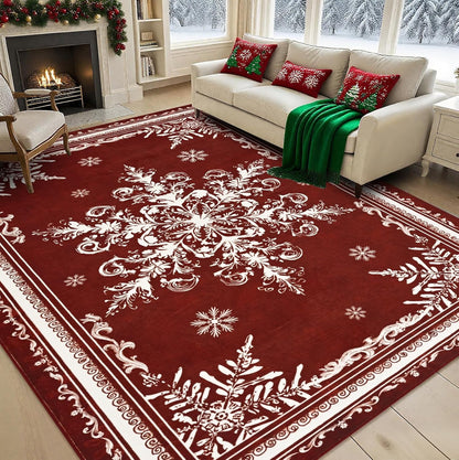 BLEUM CADE Christmas Snowflake 3x5 Area Rugs for Living Room,Non Slip Washable Rugs Low Pile Floor Mat Carpet,Holiday Christmas Decorations,Red