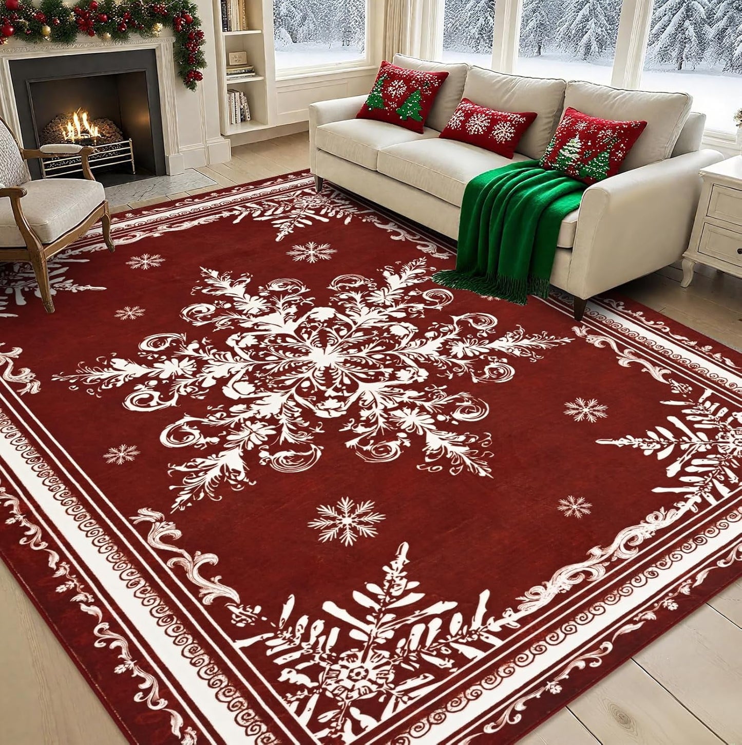 BLEUM CADE Christmas Snowflake 5'x7' Area Rugs for Living Room, Washable Rugs for Bedroom Dinning Room,Ultra Soft Non Slip Durable Large Carpet Christmas Decorations,Red