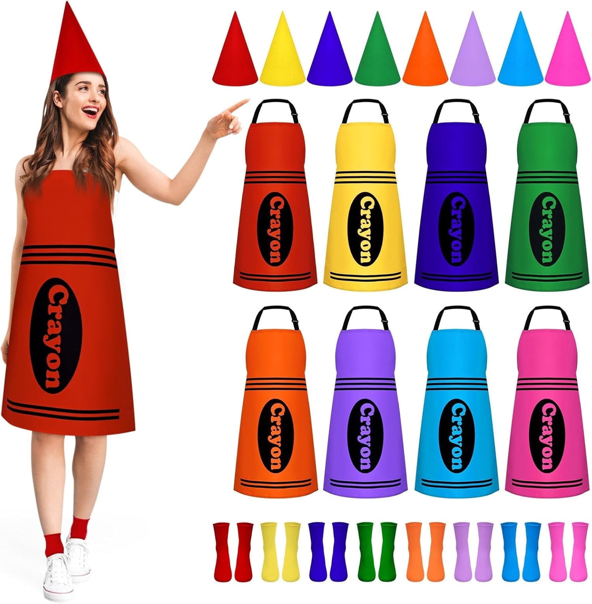 BLEUM CADE 8 Set Color Crayon Apron and Funny Gnome Cone Hats for Costume Set for Adults Fancy Dress Outfit Halloween Cosplay