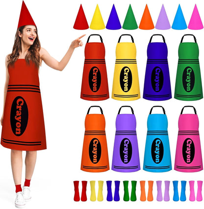BLEUM CADE 8 Set Color Crayon Apron and Funny Gnome Cone Hats for Costume Set for Adults Fancy Dress Outfit Halloween Cosplay