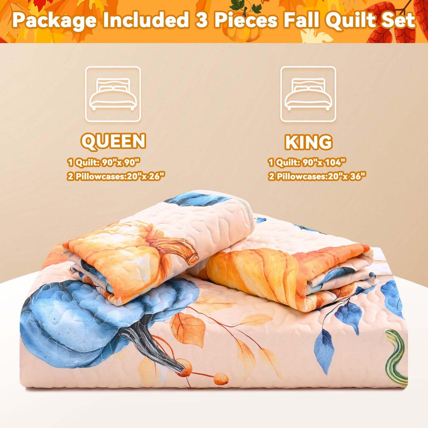 Bleum Cade Fall Quilt Set 3 Pieces King Size, Thanksgiving Blue & Yellow Pumpkins Bedding Set,Soft Lightweight Coverlet Set for King Bed,(Off-white,90"x 104")