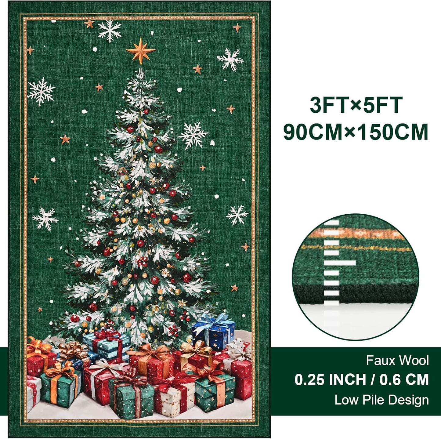 BLEUM CADE Christmas Tree Rug 3x5 Washable Rugs Non Slip,Xmas Green Area Rug for Living Room, Soft Faux Wool Large Entryway Rugs for Christmas Decorations