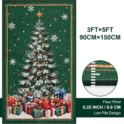 BLEUM CADE Christmas Tree Rug 3x5 Washable Rugs Non Slip,Xmas Green Area Rug for Living Room, Soft Faux Wool Large Entryway Rugs for Christmas Decorations