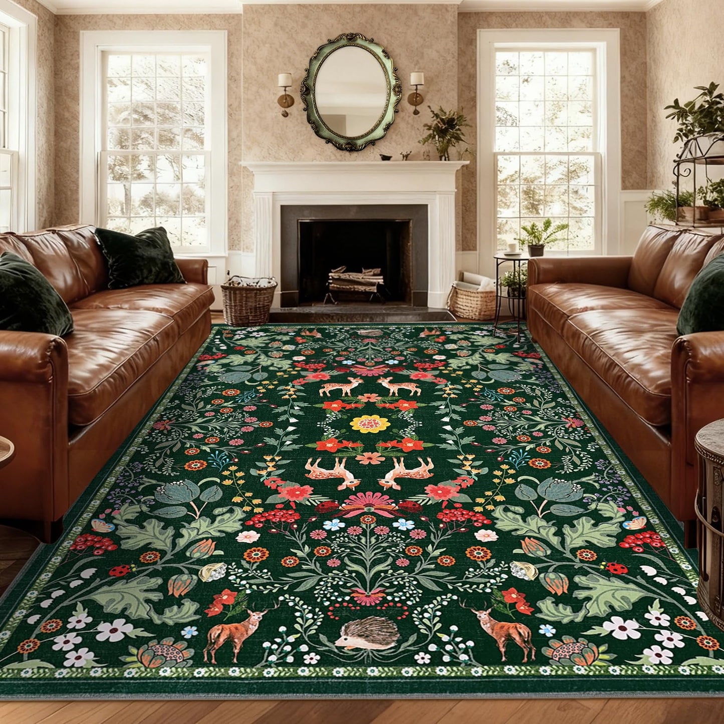 Bleum Cade 8x10 Area Rugs Floral Washable Rugs for Living Room Green Rug Non Slip Soft Low Pile Faux Wool Botanical Throw Rug for Bedroom, Dining Room, Office, Home Decor