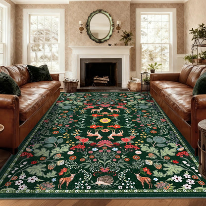 Bleum Cade 8x10 Area Rugs Floral Washable Rugs for Living Room Green Rug Non Slip Soft Low Pile Faux Wool Botanical Throw Rug for Bedroom, Dining Room, Office, Home Decor