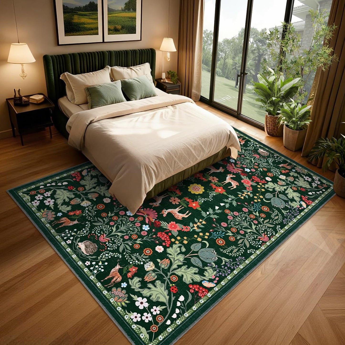 Bleum Cade 8x10 Area Rugs Floral Washable Rugs for Living Room Green Rug Non Slip Soft Low Pile Faux Wool Botanical Throw Rug for Bedroom, Dining Room, Office, Home Decor