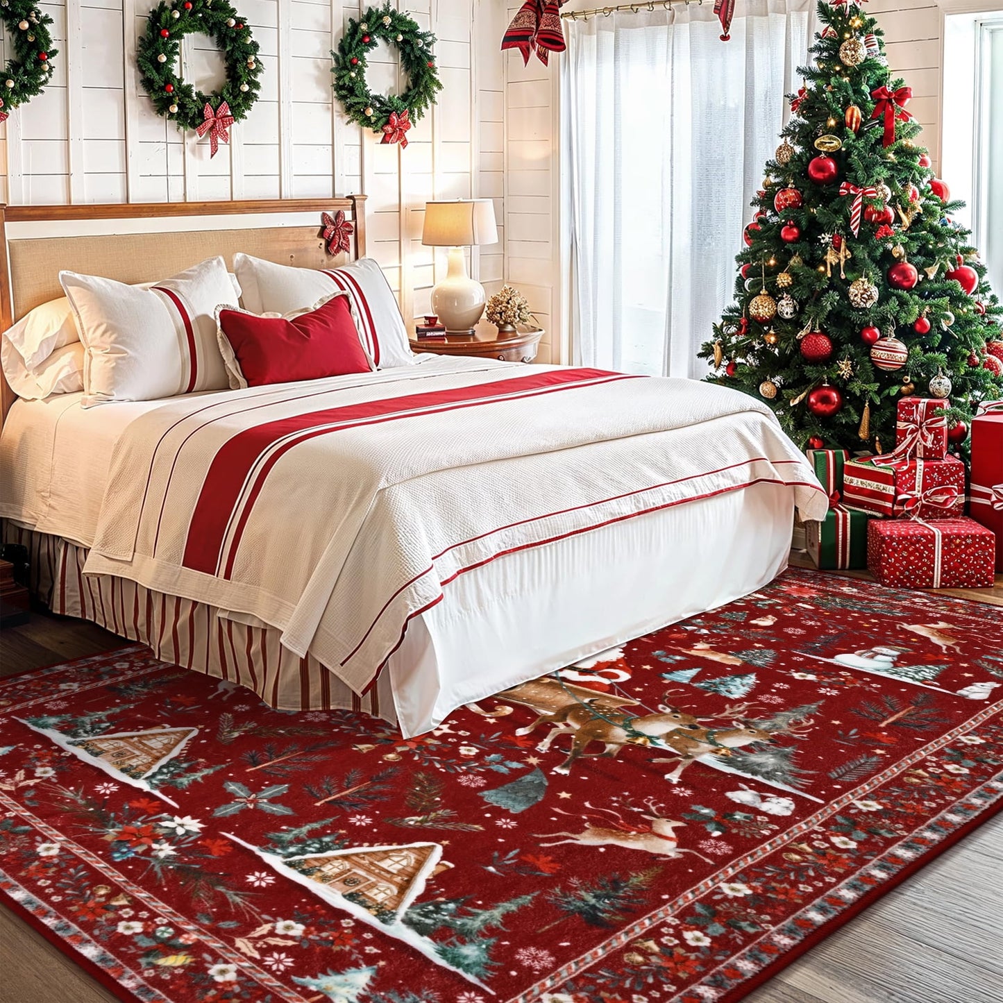 Bleum Cade Christmas Rugs for Living Room 5x7 Area Rug,Christmas Santa Washable Rugs for Bedroom,Soft Faux Wool Non Slip Bedroom Rugs,Winter Red Large Carpet for Dining Room,Christmas Decorations