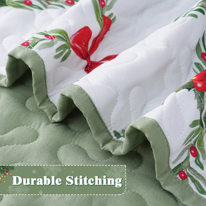 BLEUM CADE Christmas Quilts King Size 3 Piece, Bow & Festive Foliage Quilts Bedding Set, Christmas Decor Super Soft Bedspread Coverlet Set (1 Quilt, 2 Pillow Cases)