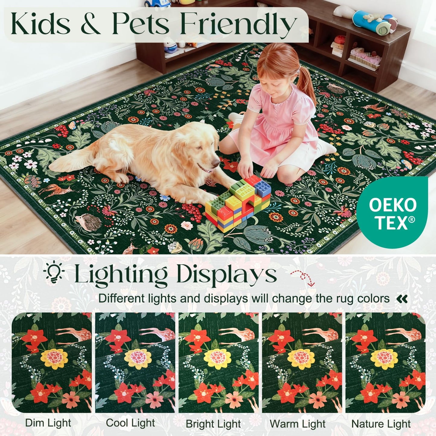 Bleum Cade 8x10 Area Rugs Floral Washable Rugs for Living Room Green Rug Non Slip Soft Low Pile Faux Wool Botanical Throw Rug for Bedroom, Dining Room, Office, Home Decor