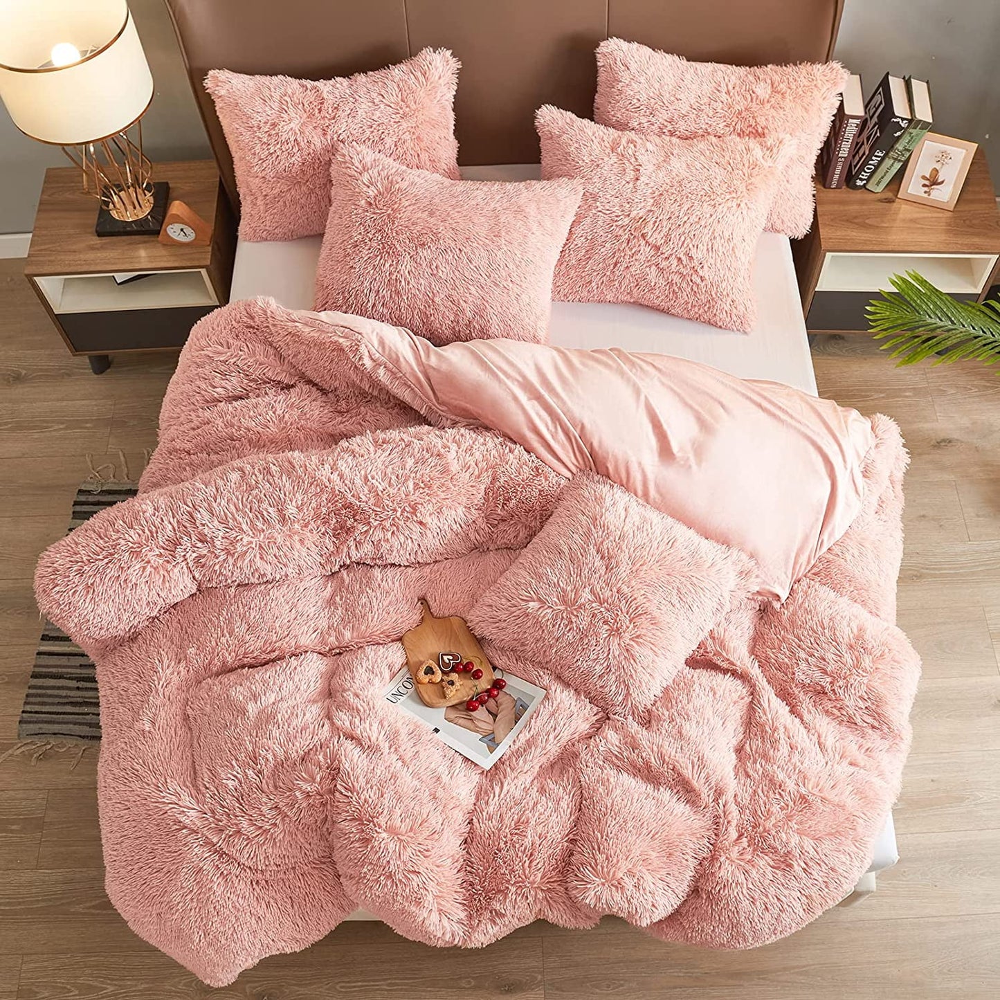 BLEUM CADE Luxury Fluffy Fuzzy Queen Bedding Comforter Set,4 Pieces Shaggy Duvet Cover Set,Furry Plush Velvet Comforter Cover with Zip Closure,Pink