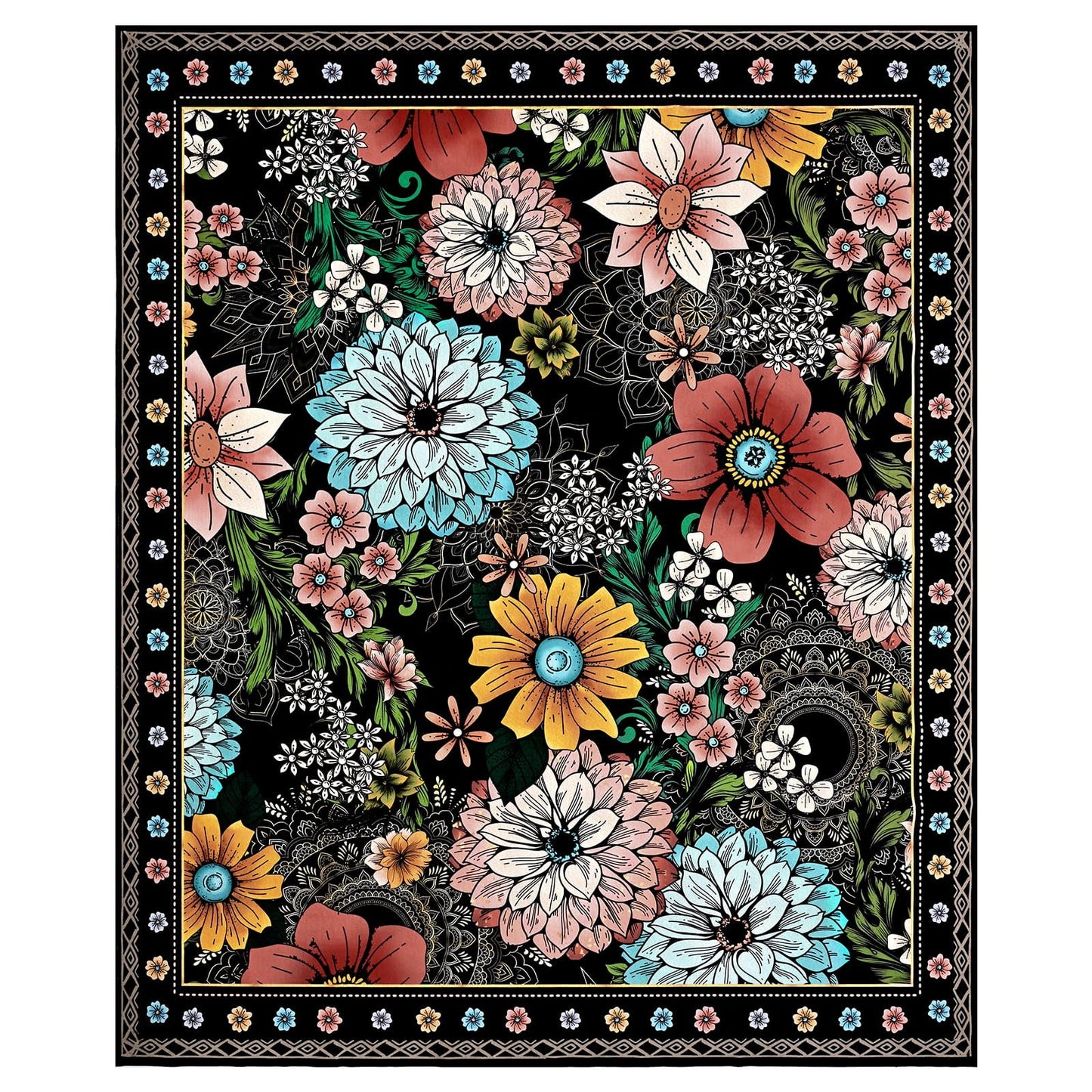 Bleum Cade Floral Area Rugs for Living Room 8x10, Boho Washable Rug, Soft Faux Wool Indoor Rug Carpet for Living Room Bedroom, Black