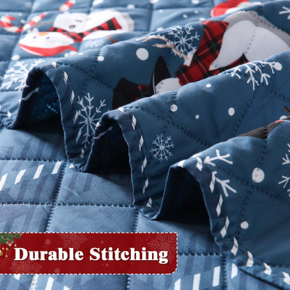 BLEUM CADE Christmas Quilts Sets King Size,3 Pieces Christmas Snowman Quilt Bedding Set,Reversible Blue Buffalo Plaid Comforter Sets,Christmas Tree Soft Lightweight Xmas Bedspread Coverlet,106" x 96"