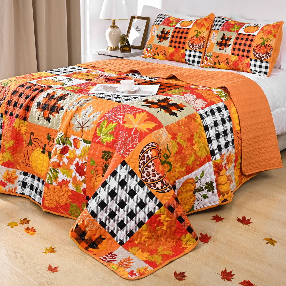 BLEUM CADE 3 Pieces Fall Quilt Set King Size, Thanksgiving Pumpkin Maple Leaves Plaid Bedding Set , Soft Lightweight Bedspread Coverlet Set King