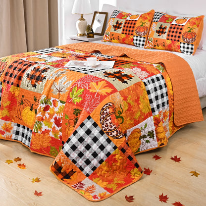 BLEUM CADE 3 Pieces Fall Quilt Set King Size, Thanksgiving Pumpkin Maple Leaves Plaid Bedding Set , Soft Lightweight Bedspread Coverlet Set King