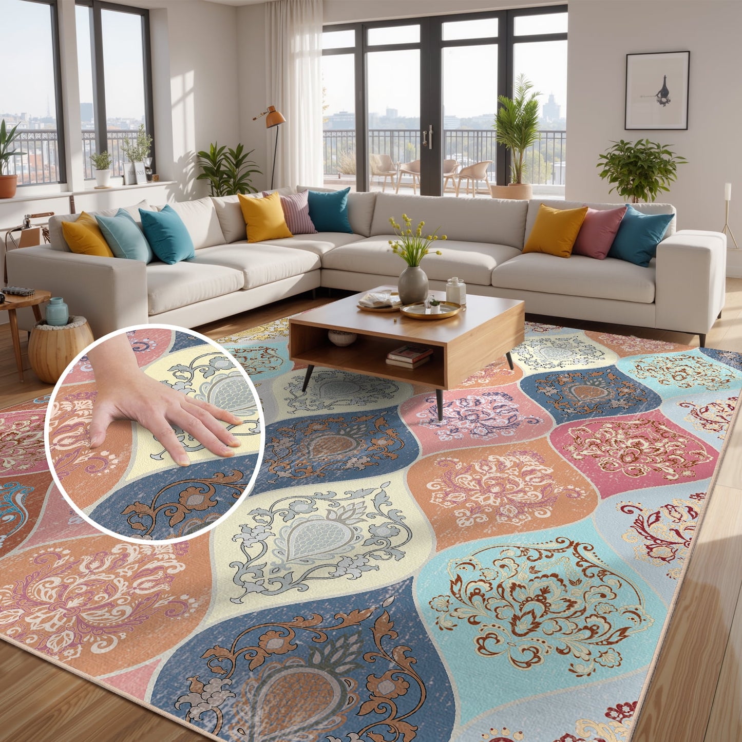 Bleum Cade Boho Floral Area Rug 5x7 Washable Soft Faux Wool Rug Carpet for Living Room Bedroom