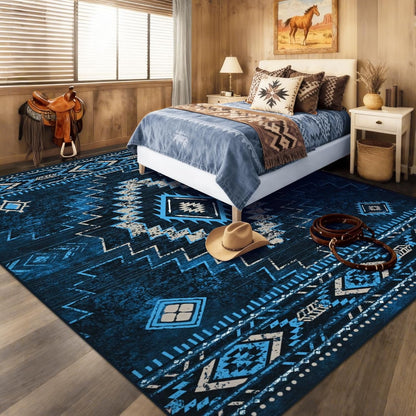 Bleum Cade Western 8x10 Rugs for Living Room, Moroccan Washable Rugs for Bedroom, Non-Slip Boho Indoor Rug, Soft Low Pile Stain Resistant Geometric Floor Large Carpet Home Decor,Blue