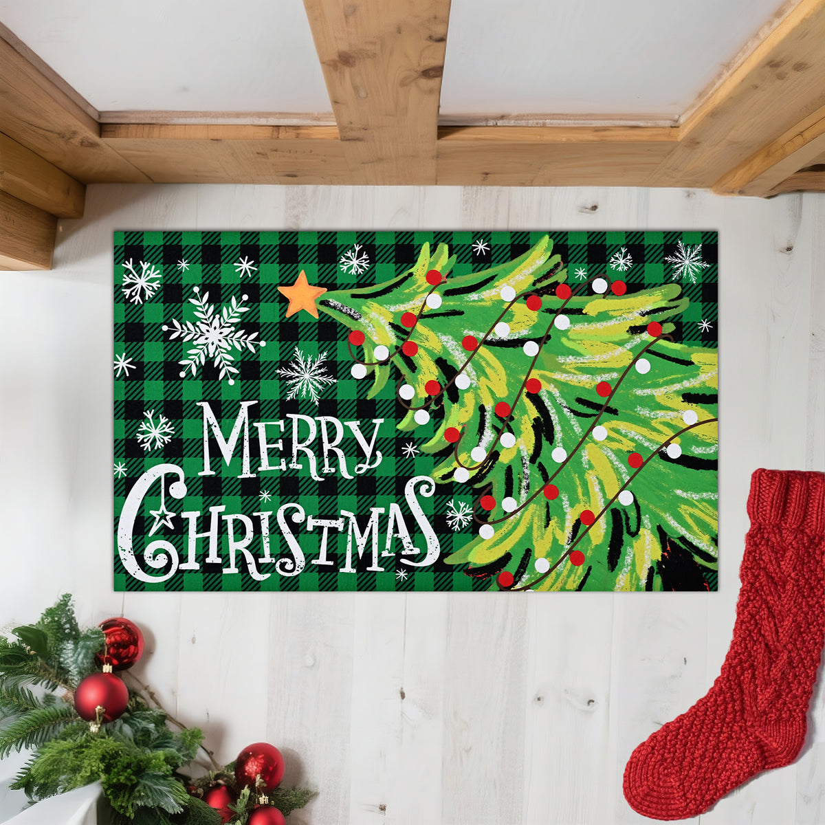 BLEUM CADE Christmas Welcome Mat,Christmas Tree Outdoor Door Mat Outside for Front Door,Non-slip Rubber Backing Doormat,Low-Pile Mat for Entrance,18 x 30 in,Black