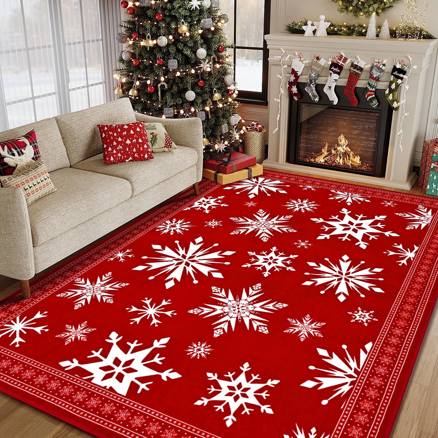 Bleum Cade Christmas Snowflake 5'x7' Area Rugs for Living Room,Red Washable Rugs for Bedroom Dinning Room,Soft Low Pile Rug,Non Slip Durable Large Carpet for Christmas Decorations