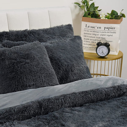 BLEUM CADE Luxury Fluffy Fuzzy Twin Bedding Comforter Set，3 Pieces Shaggy Duvet Cover Set，Furry Plush Velvet Comforter Cover with Zip Closure，Twin，Dark Grey