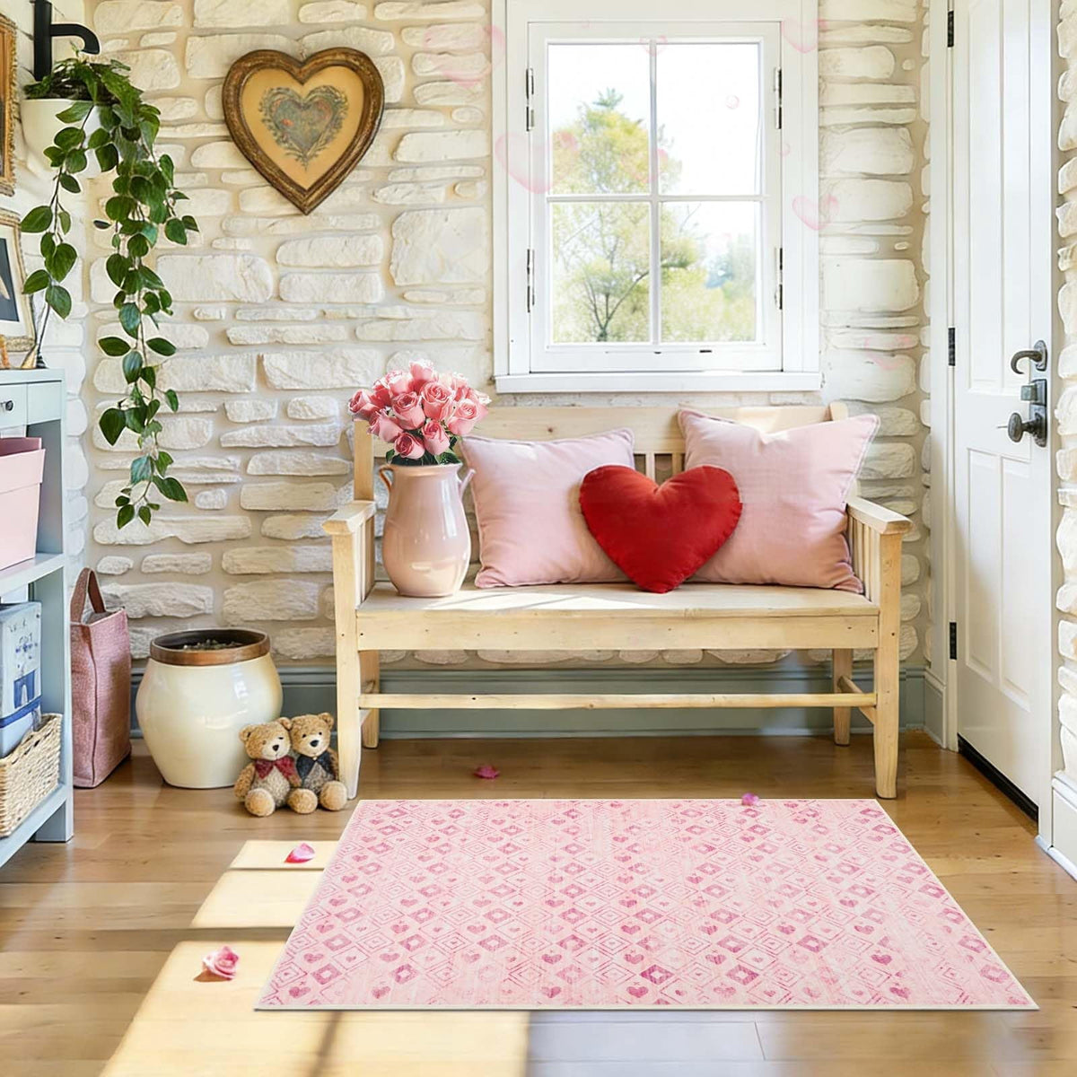 Bleum Cade 2'x3' Washable Entry Rug, Super Soft Low Pile Non-Slip Outdoor Indoor Pink Love Hearts Door Mat for Kitchen, Laundry Entryway, Bathroom, Mother's Day Ideal Gift for Mom