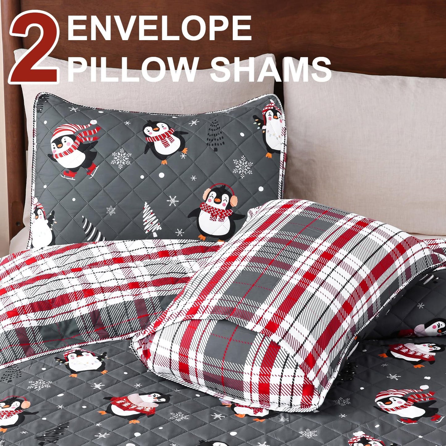 BLEUM CADE Christmas Quilts Sets King Size,3 Pieces Christmas Penguin Quilt Bedding Set, Reversible Grey Buffalo Plaid Comforter Sets,Soft Lightweight Xmas Bedspread Coverlet, 106" x 96"