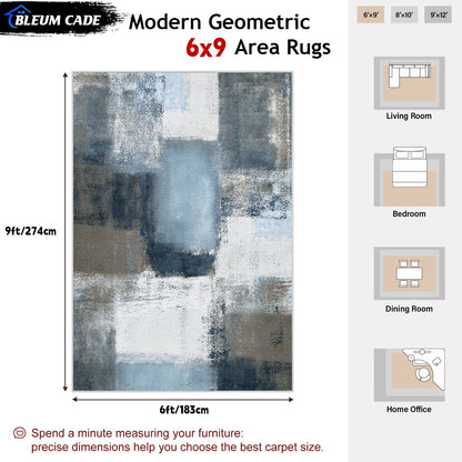 Bleum Cade 6x9 Abstract Area Rugs for Living Room, Modern Geometric Rug Non Slip, Patchwork Washable Soft Bedroom Rug Stain Resistant, Indoor Rugs Low Pile Carpet,Blue