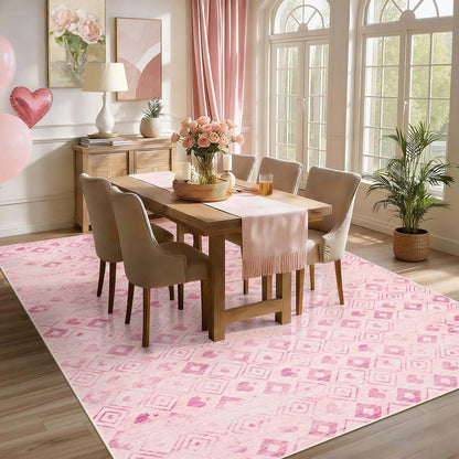 Bleum Cade Valentine's Day Rugs for Living Room 8'x10' Pink Washable Rugs for Bedroom, Diamond-shaped Grid Low Pile Carpet, Ultra Soft Non Slip Durable Large Area Rugs for Home Decor