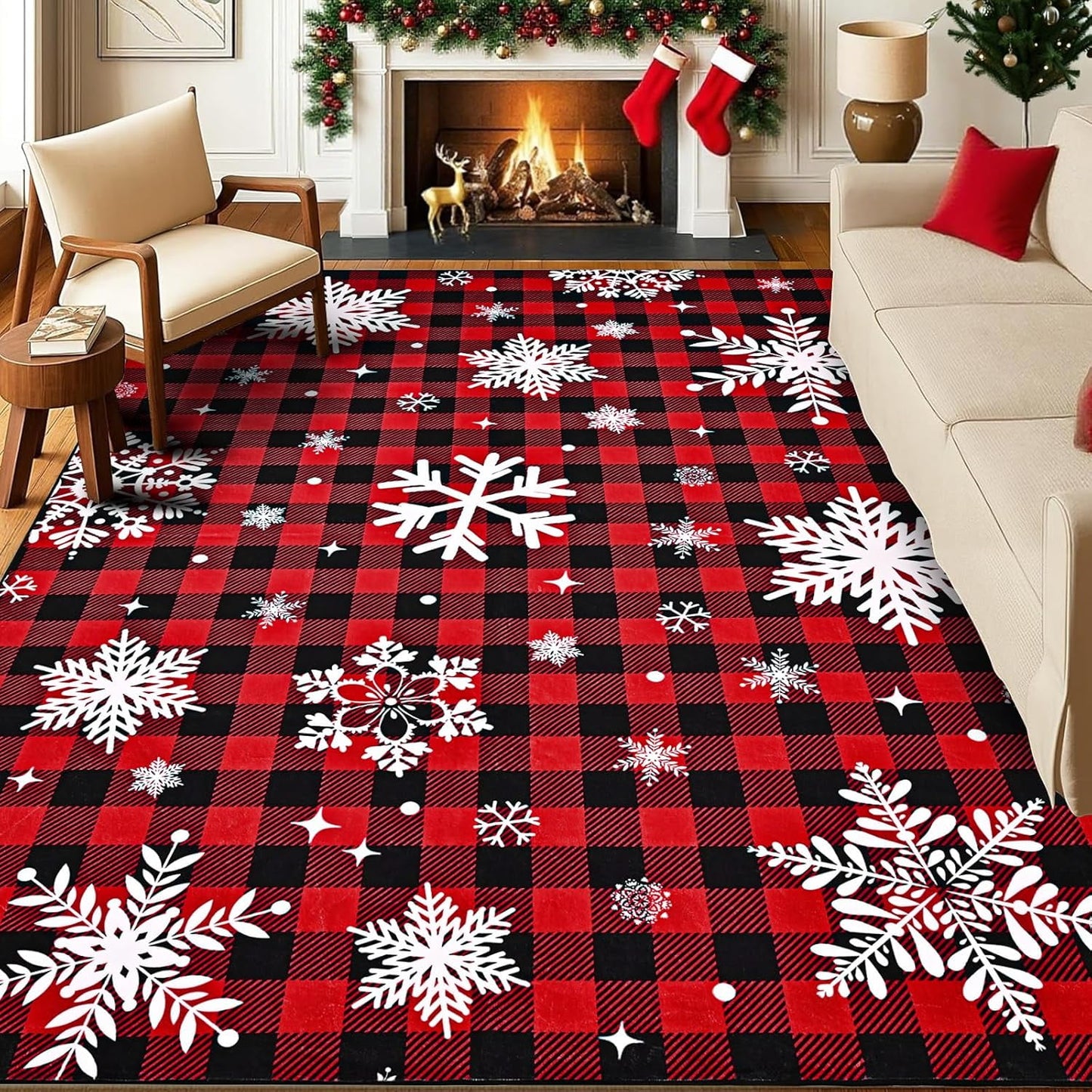 Bleum Cade Christmas Snowflake 5'x7' Area Rugs for Living Room, Washable Rugs for Bedroom Dinning Room,Red Buffalo Plaid Rug Ultra Soft Non Slip Durable Large Carpet Home Decor