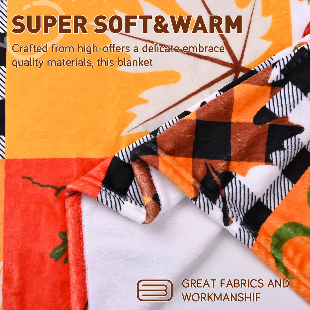 BLEUM CADE Fall Throw Blanket,Pumpkin Maple Leaves Plaid Blanket,Super Soft Flannel Throw Blankets for Bed Couch Sofa 50"x60"