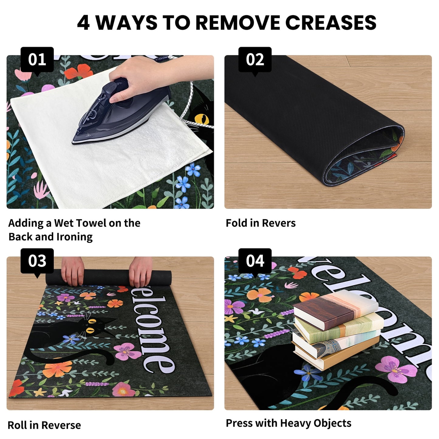BLEUM CADE Black Cat Welcome Mat,Non Slip Low Profile Front Door Mat, Cat Floral Doormat for Front Door Porch Outdoor Patio,18" x 30"