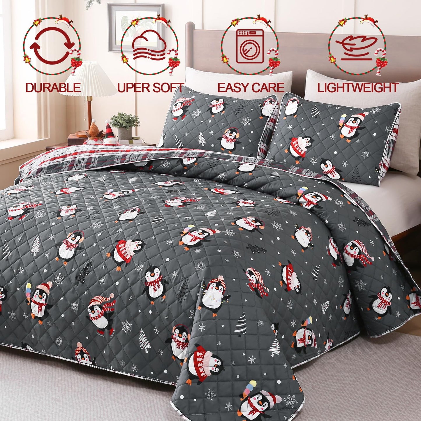BLEUM CADE Christmas Quilts Sets King Size,3 Pieces Christmas Penguin Quilt Bedding Set, Reversible Grey Buffalo Plaid Comforter Sets,Soft Lightweight Xmas Bedspread Coverlet, 106" x 96"