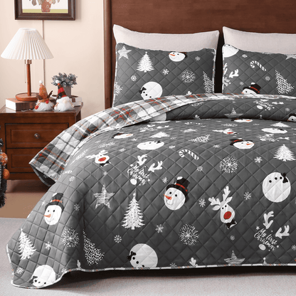BLEUM CADE Christmas Quilts Sets Queen Size,3 Pieces Christmas Tree Quilt Bedding Set, Reversible Grey Buffalo Plaid Comforter Sets, Soft Lightweight Xmas Bedspread Coverlet,90"x90"