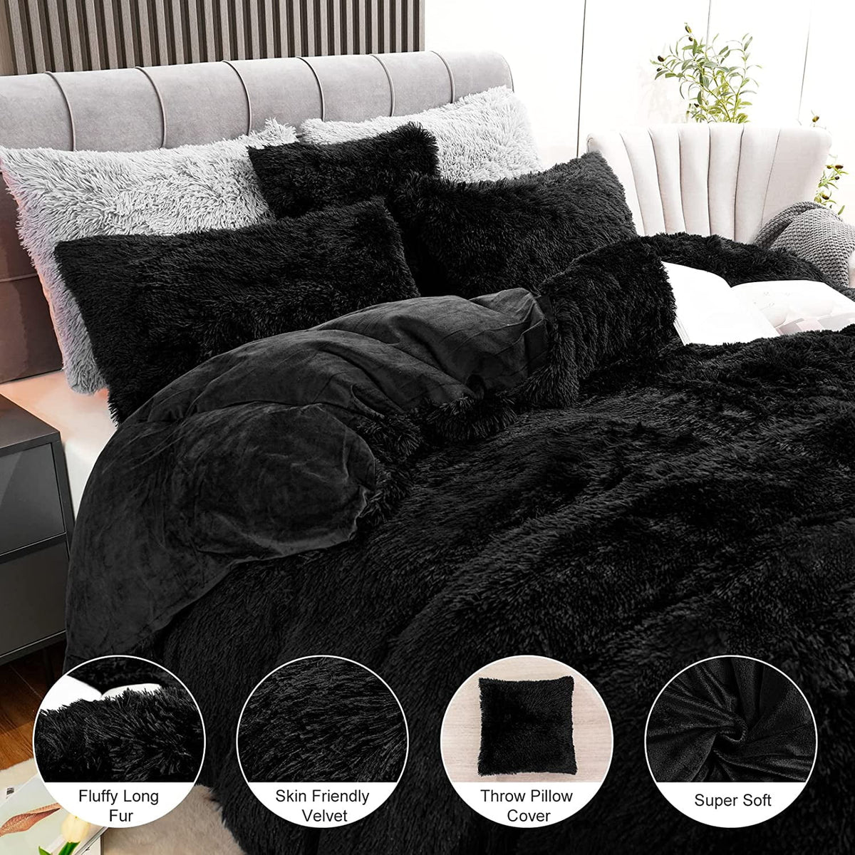 BLEUM CADE Luxury Fluffy Fuzzy King Bedding Comforter Set,3 Pieces Shaggy Duvet Cover Set,Furry Plush Velvet Comforter Cover with Zip Closure,King,Black