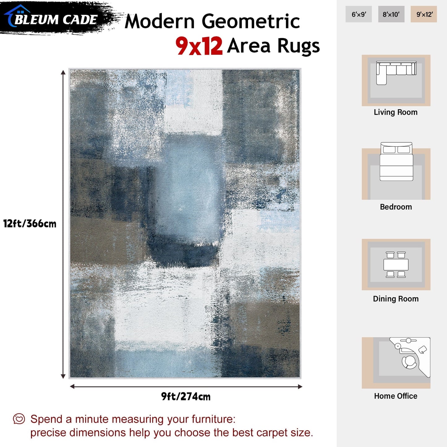 Bleum Cade 9x12 Abstract Area Rugs for Living Room, Patchwork Modern Geometric Rug Non Slip, Washable Soft Bedroom Rug Stain Resistant, Indoor Rugs Low Pile Carpet for Dining Room,Blue