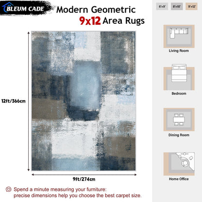 Bleum Cade 9x12 Abstract Area Rugs for Living Room, Patchwork Modern Geometric Rug Non Slip, Washable Soft Bedroom Rug Stain Resistant, Indoor Rugs Low Pile Carpet for Dining Room,Blue