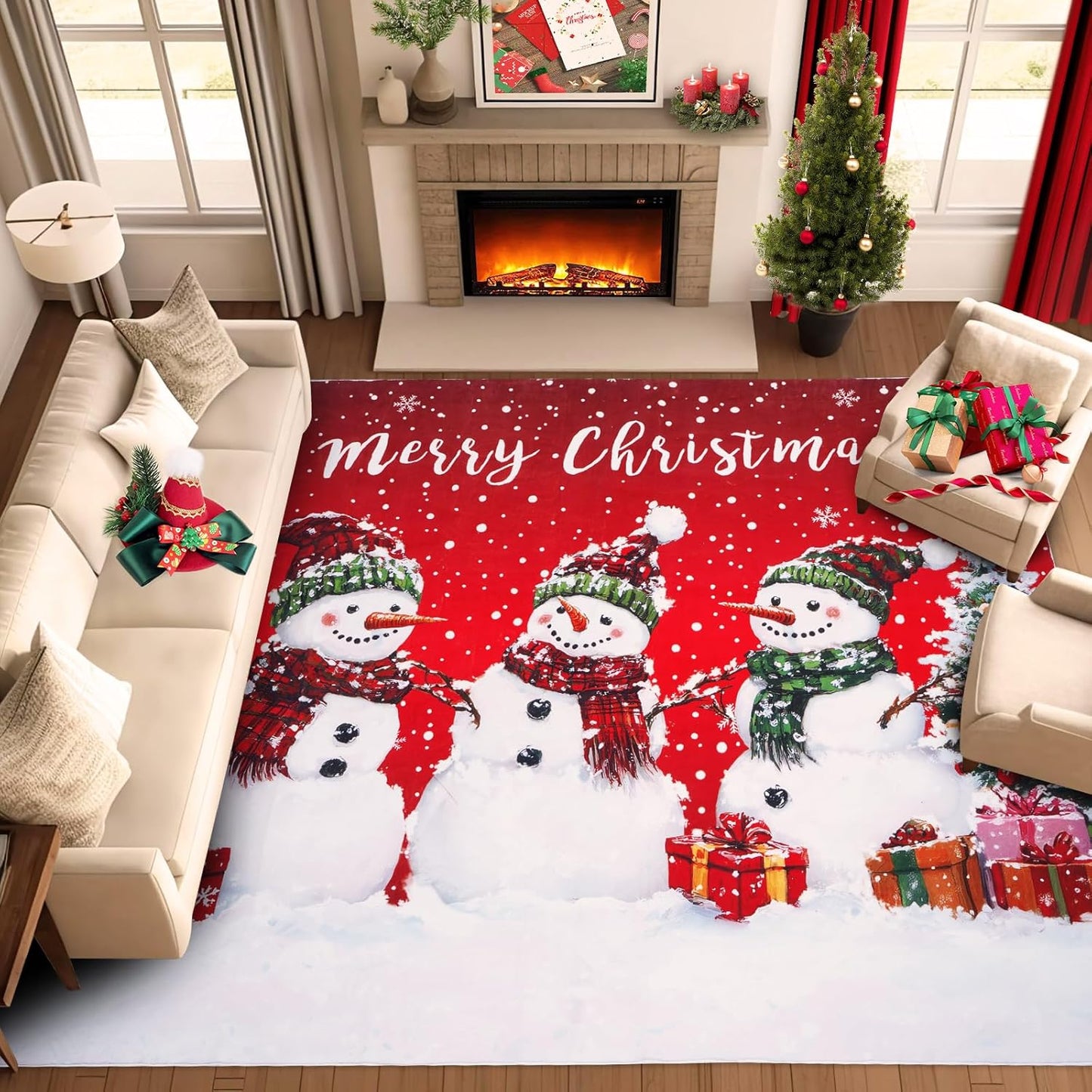 BLEUM CADE Christmas 3x5 ft Area Rug for Living Room Bedroom,Xmas Snowman Rugs Carpet for Bedroom Living Room,Non Slip Washable Area Rug for Christmas Decorations,Red