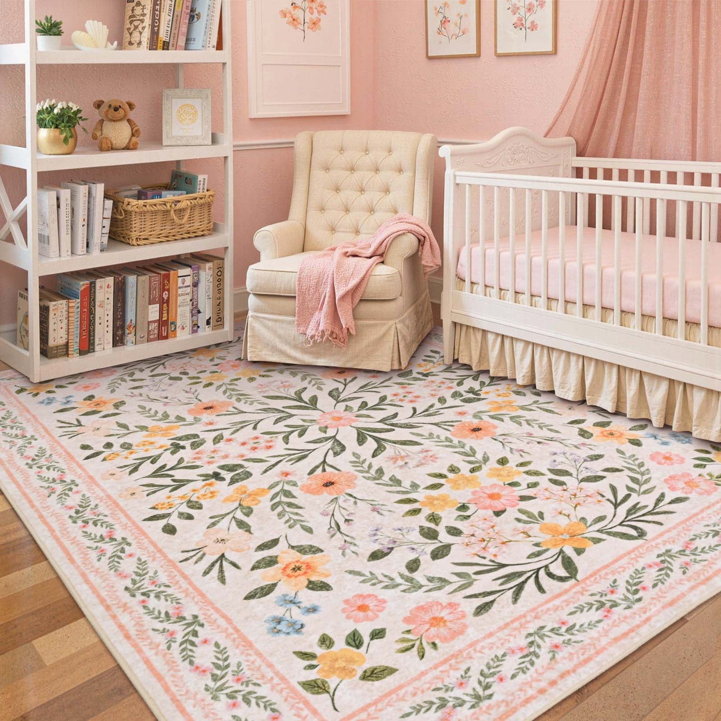 Bleum Cade 5'x7' Pink Rugs for Living Room,Boho Washable Floral Rugs for Bedroom Girls Room Decor,Ultra Soft Faux Wool Non Slip Low Pile Stain Resistant Carpet for Kids Living Dining Room Indoor