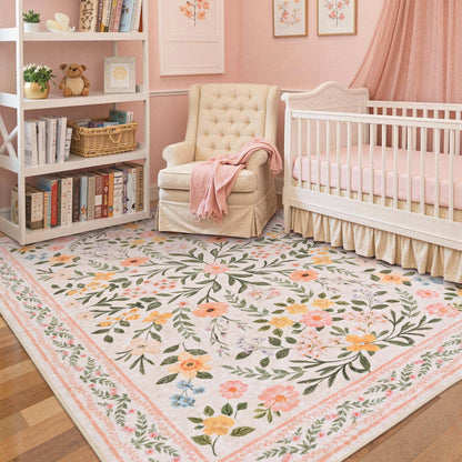 Bleum Cade 5'x7' Pink Rugs for Living Room,Boho Washable Floral Rugs for Bedroom Girls Room Decor,Ultra Soft Faux Wool Non Slip Low Pile Stain Resistant Carpet for Kids Living Dining Room Indoor