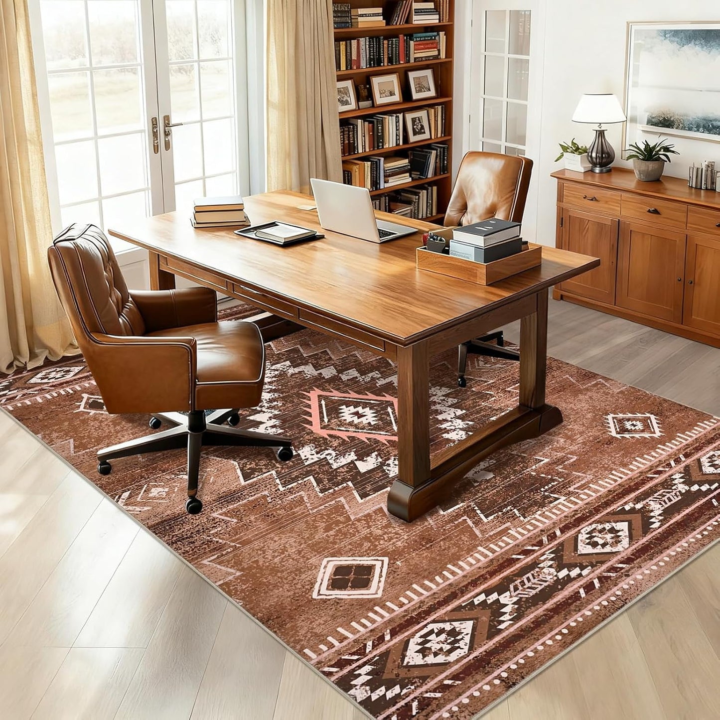 Bleum Cade Western Rugs for Living Room 5x7 Area Rug, Moroccan Washable Rugs for Bedroom, Non-Slip Boho Indoor Rug, Soft Low Pile Stain Resistant Geometric Floor Large Carpet Home Decor,Brown