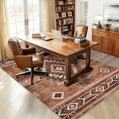 Bleum Cade Western Rugs for Living Room 5x7 Area Rug, Moroccan Washable Rugs for Bedroom, Non-Slip Boho Indoor Rug, Soft Low Pile Stain Resistant Geometric Floor Large Carpet Home Decor,Brown