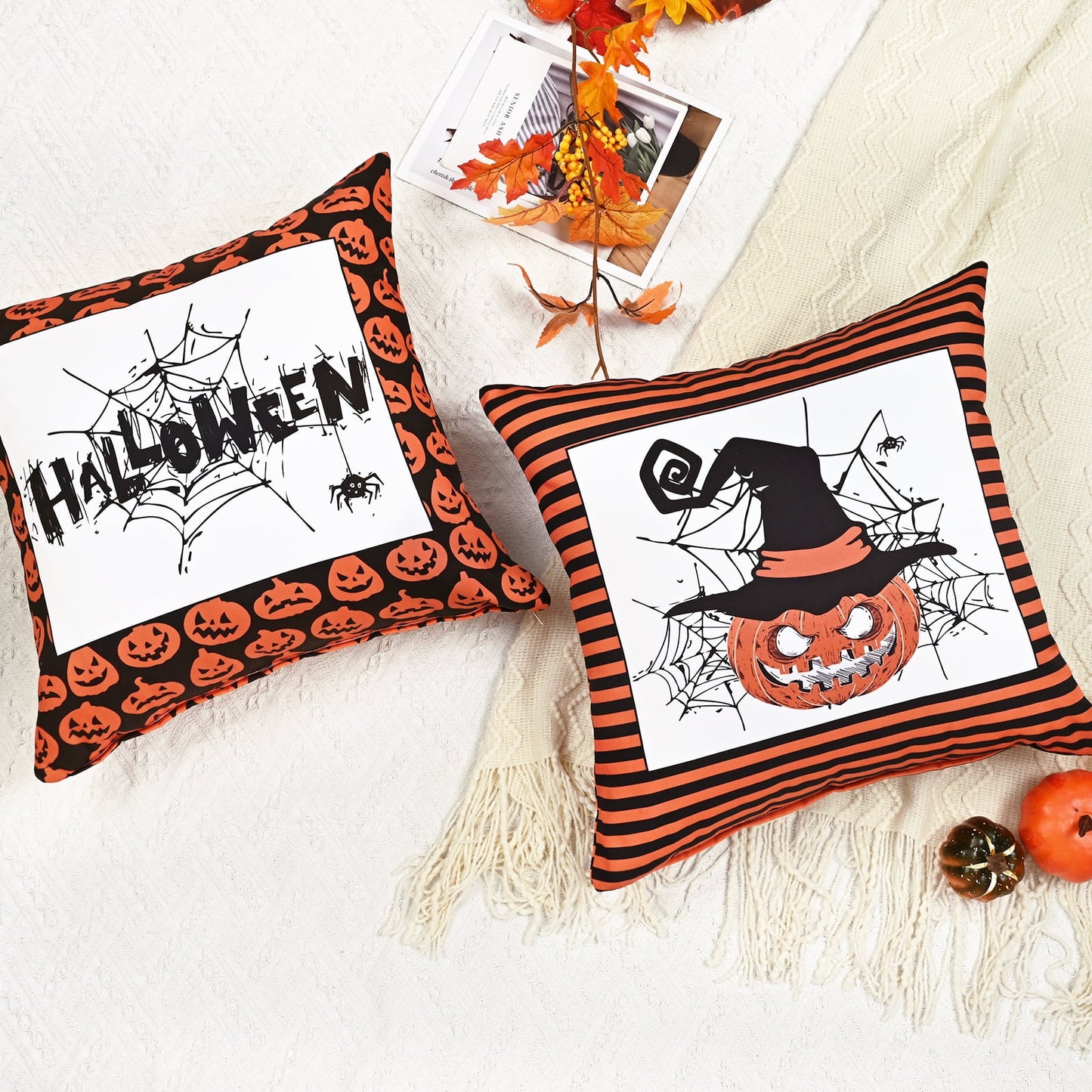 BLEUM CADE Halloween Pillow Covers, 2 Pack Farmhouse Fall Pillow Covers 18 x 18 inch, Black White Striped Ghost Throw Pillow Cases for Sofa Bed Throw Cushion