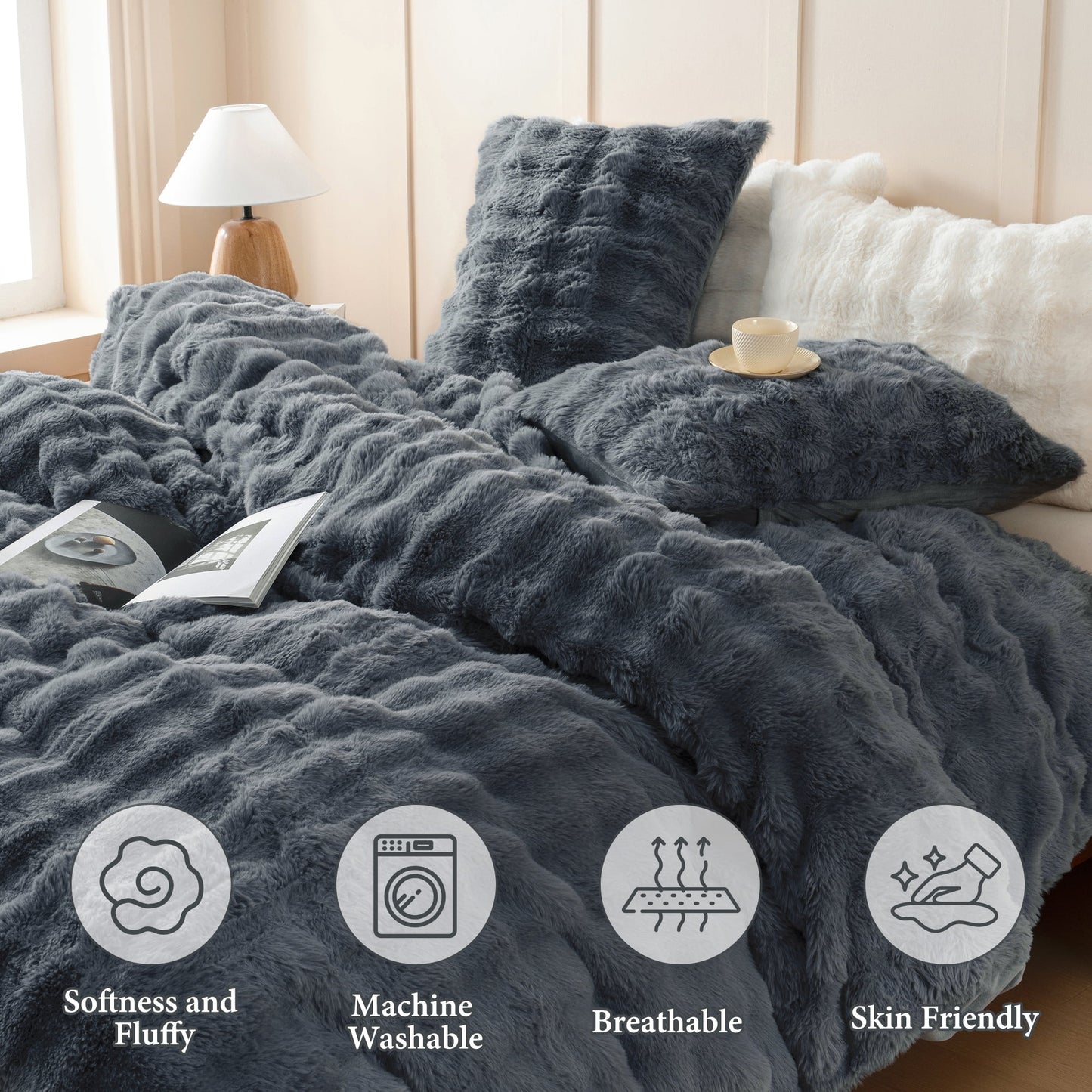 BLEUM CADE Fluffy Comforter Set King Size,Faux Fur Luxury Fuzzy Bedding Sets Gray,Shaggy Plush Duvet Cover Set with 2 Pillowcases