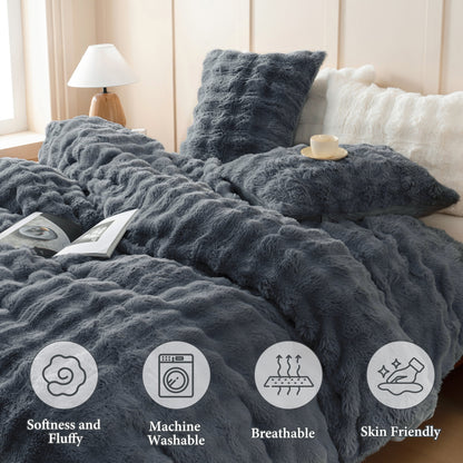 BLEUM CADE Fluffy Comforter Set King Size,Faux Fur Luxury Fuzzy Bedding Sets Gray,Shaggy Plush Duvet Cover Set with 2 Pillowcases
