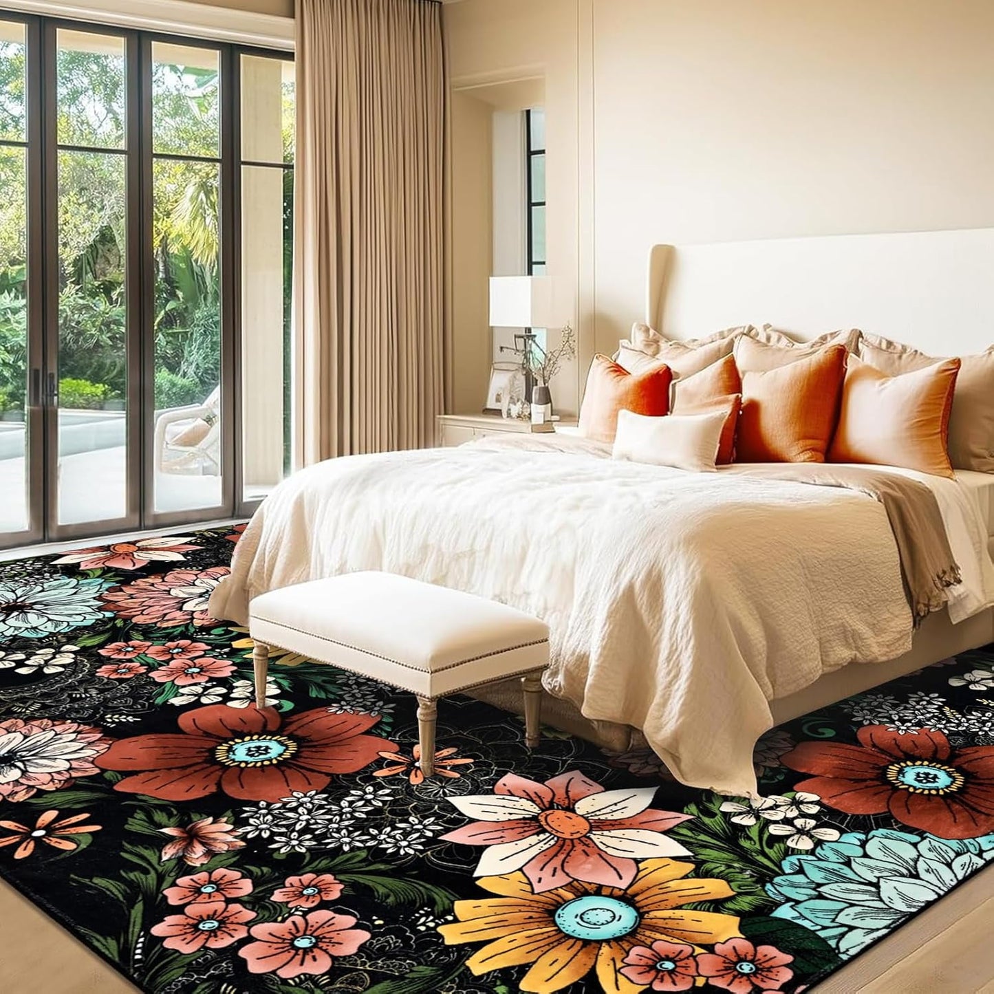 BLEUM CADE Boho Floral Area Rug 5x7 Washable Soft Faux Wool Rug Carpet for Living Room Bedroom