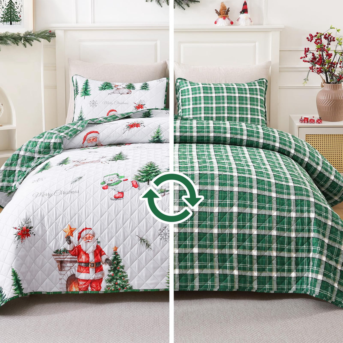 BLEUM CADE 3 Pieces Christmas Quilts Sets King Size, Christmas Tree Quilt Bedding Set, Reversible Green Buffalo Plaid Comforter Sets, Santa Claus Soft Lightweight Xmas Bedspread Coverlet, 106" x 96"